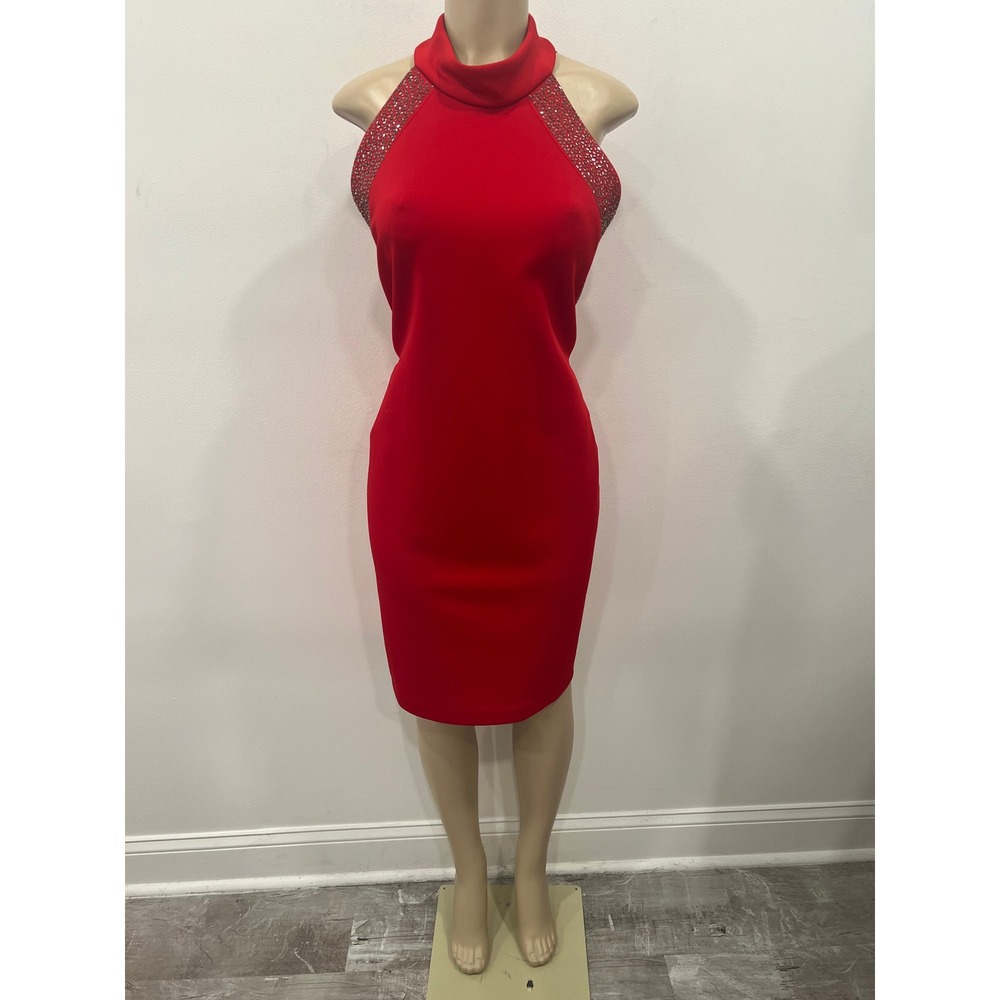 Calvin Klein Dress Womens Red Embellished Mock Neck Halter Sheath Dress Size 14